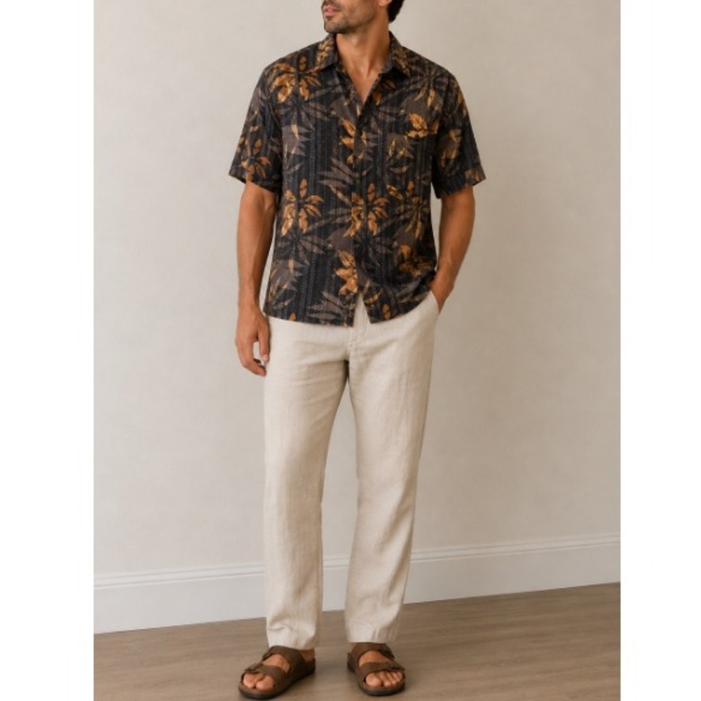 Natural Issue Men's Tropical Leaf Tribal Print Dad Short Sleeve Shirt Size‎ L